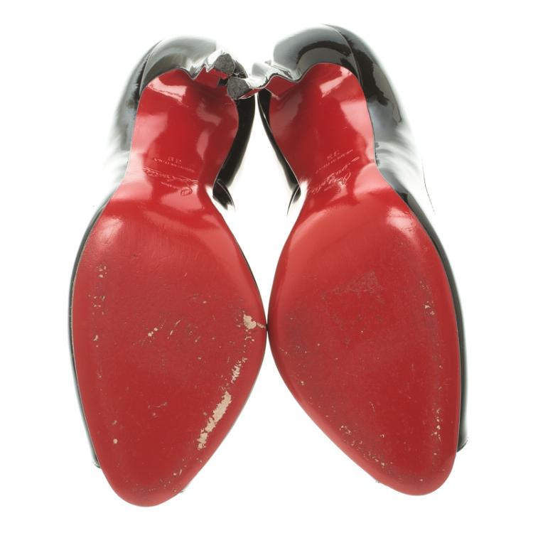 Pre Owned Christian Louboutin Black Patent Leather Jolly Wavy Heel Peep Toe Pumps Size 39