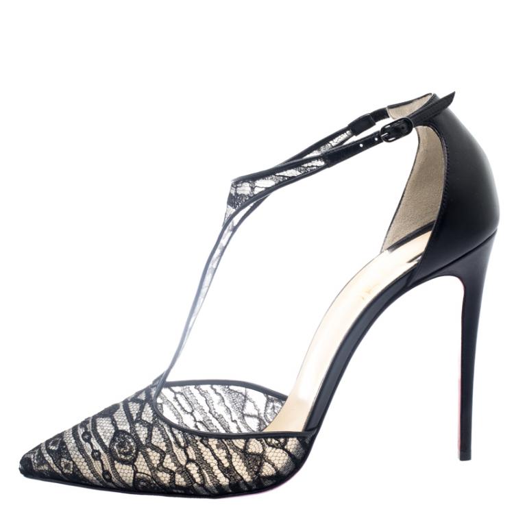 Pre Owned Christian Louboutin Black Lace T-Strap Salonu Sandals Size 40.5