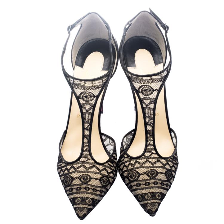 Pre Owned Christian Louboutin Black Lace T-Strap Salonu Sandals Size 40.5