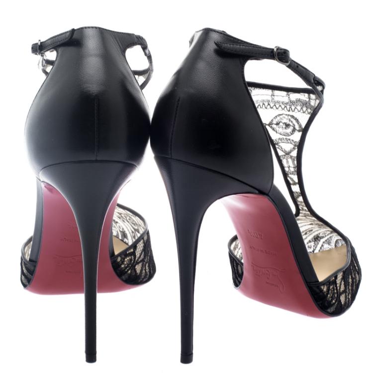 Pre Owned Christian Louboutin Black Lace T-Strap Salonu Sandals Size 40.5