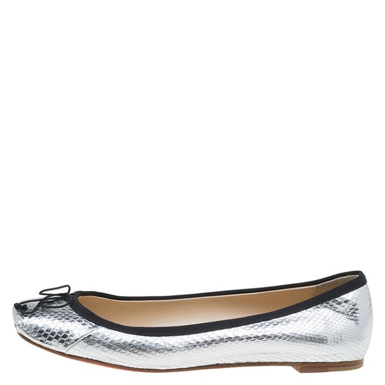Pre Owned Christian Louboutin Silver Python Embossed Leather Rosella Square Toe Ballet Flats Size 37.5