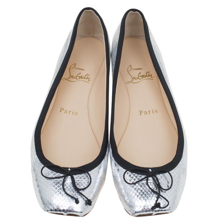 Pre Owned Christian Louboutin Silver Python Embossed Leather Rosella Square Toe Ballet Flats Size 37.5