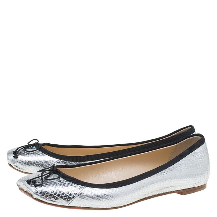 Pre Owned Christian Louboutin Silver Python Embossed Leather Rosella Square Toe Ballet Flats Size 37.5