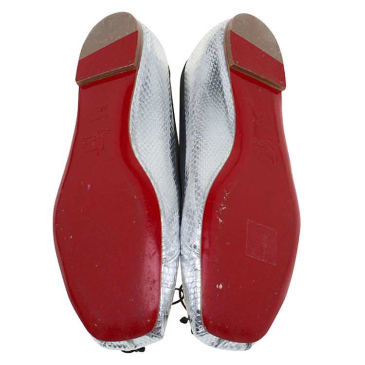 Pre Owned Christian Louboutin Silver Python Embossed Leather Rosella Square Toe Ballet Flats Size 37.5