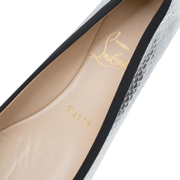 Pre Owned Christian Louboutin Silver Python Embossed Leather Rosella Square Toe Ballet Flats Size 37.5
