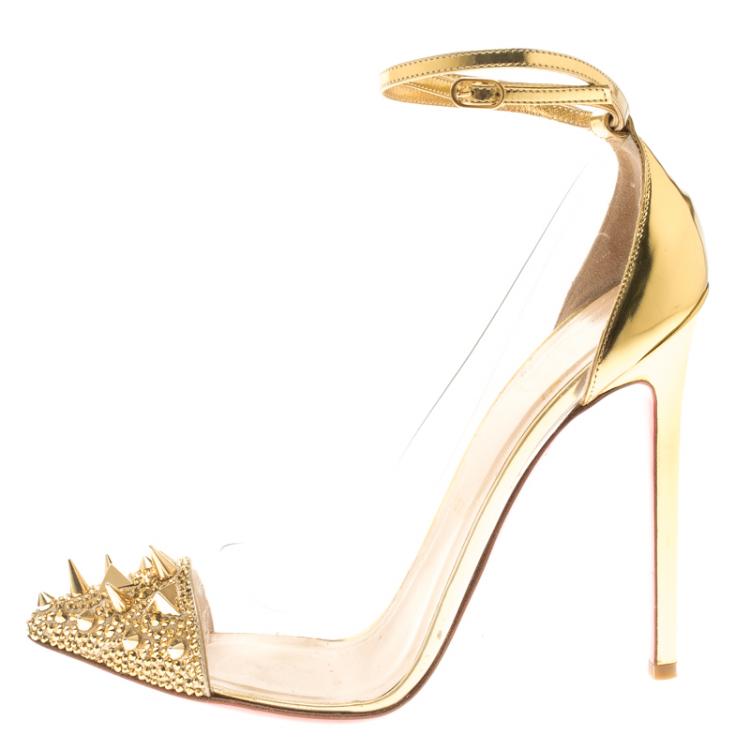 Pre Owned Christian Louboutin Gold Spike Embellished Metallic Leather and PVC Just Picks Ankle Strap Sandals Size 38.5