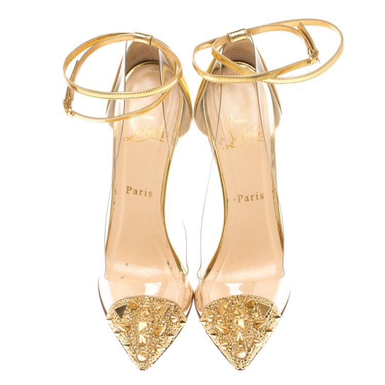 Pre Owned Christian Louboutin Gold Spike Embellished Metallic Leather and PVC Just Picks Ankle Strap Sandals Size 38.5