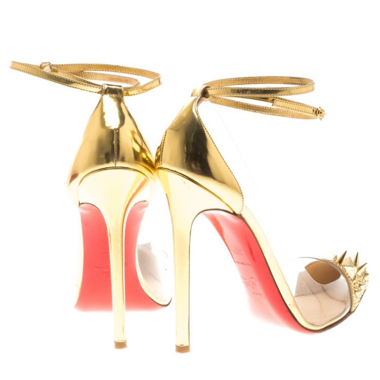 Pre Owned Christian Louboutin Gold Spike Embellished Metallic Leather and PVC Just Picks Ankle Strap Sandals Size 38.5