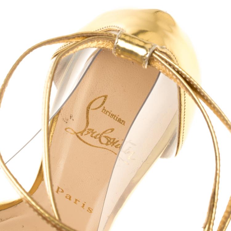 Pre Owned Christian Louboutin Gold Spike Embellished Metallic Leather and PVC Just Picks Ankle Strap Sandals Size 38.5