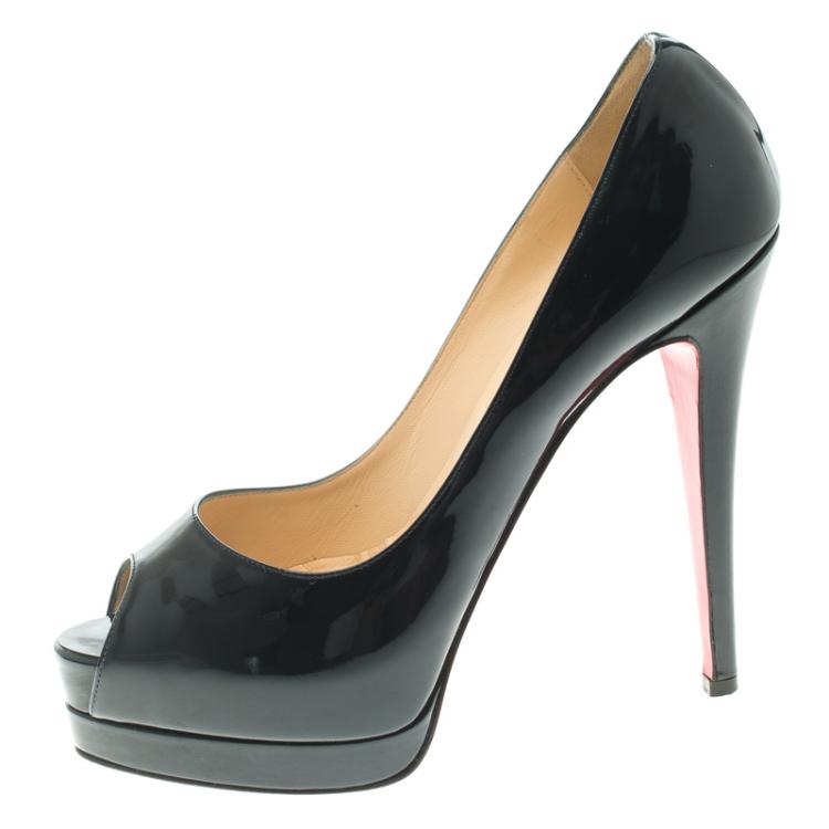 Pre Owned Christian Louboutin Dark Blue Patent Leather Altadama Peep Toe Platform Pumps Size 39