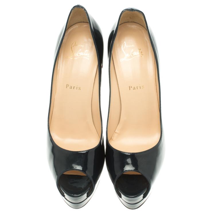 Pre Owned Christian Louboutin Dark Blue Patent Leather Altadama Peep Toe Platform Pumps Size 39