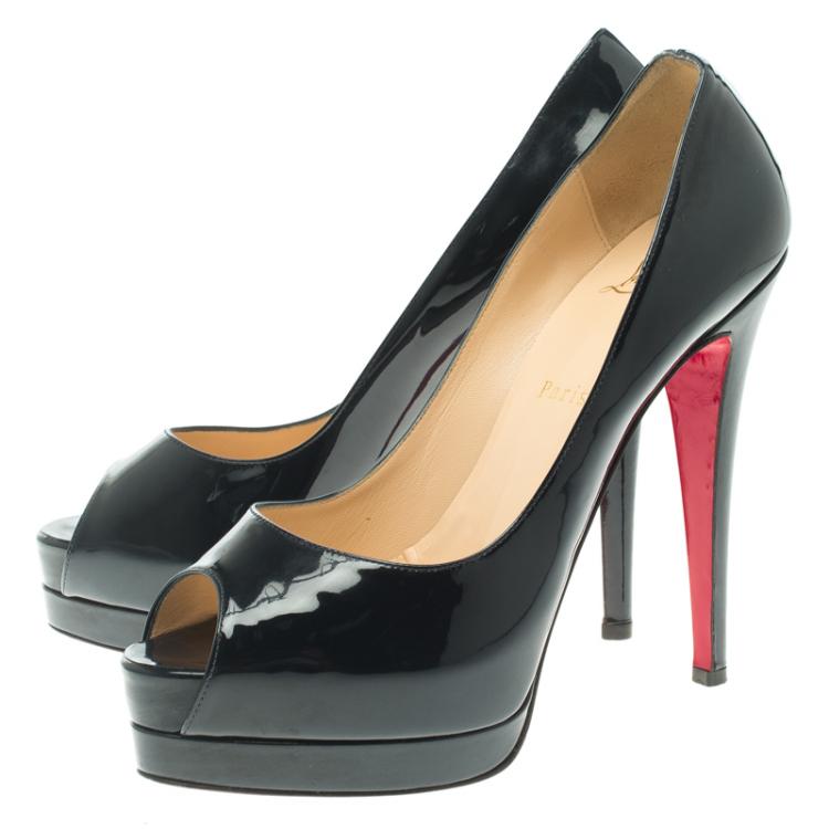 Pre Owned Christian Louboutin Dark Blue Patent Leather Altadama Peep Toe Platform Pumps Size 39