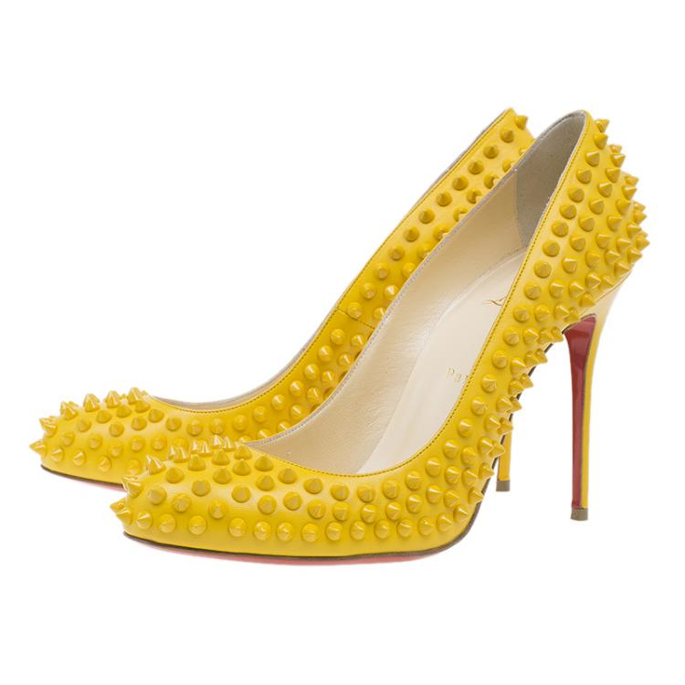 Pre Owned Christian Louboutin Yellow Patent Fifi Spike Pumps Size 40.5