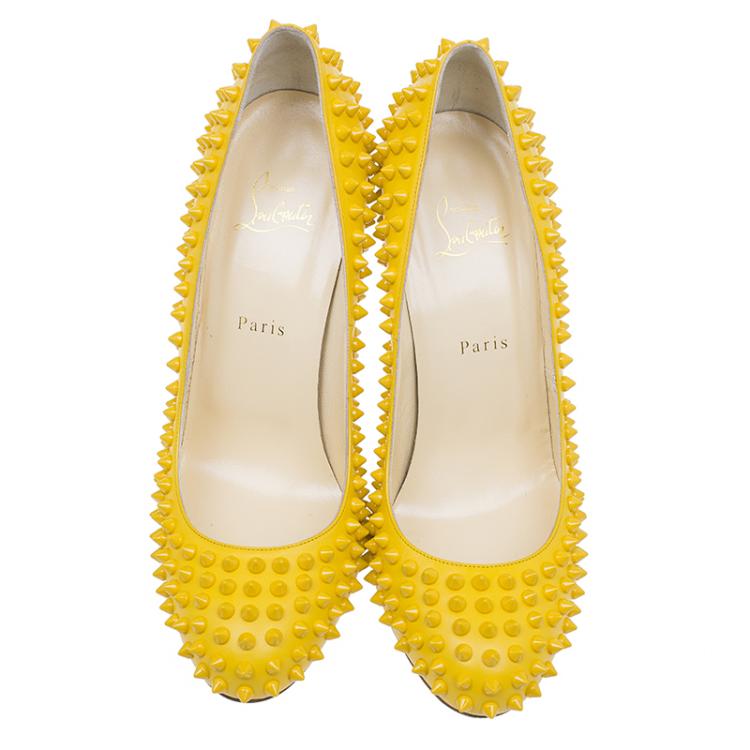 Pre Owned Christian Louboutin Yellow Patent Fifi Spike Pumps Size 40.5
