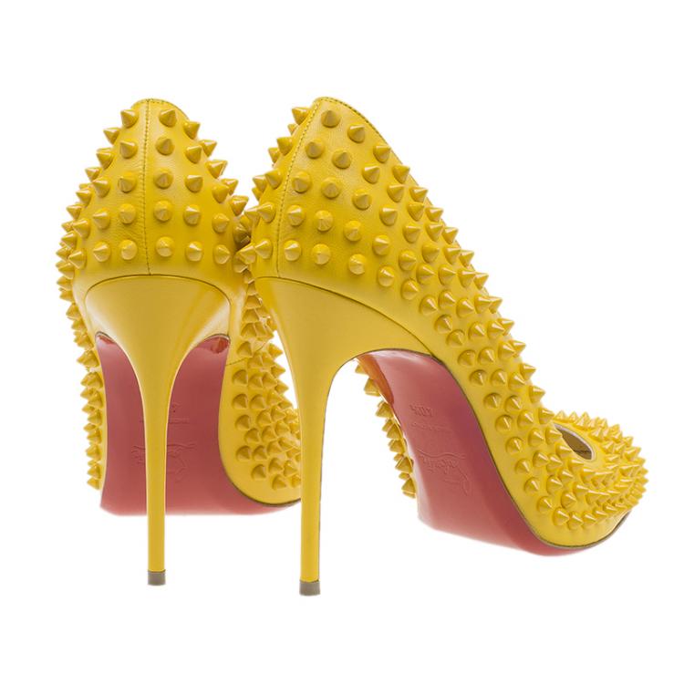 Pre Owned Christian Louboutin Yellow Patent Fifi Spike Pumps Size 40.5
