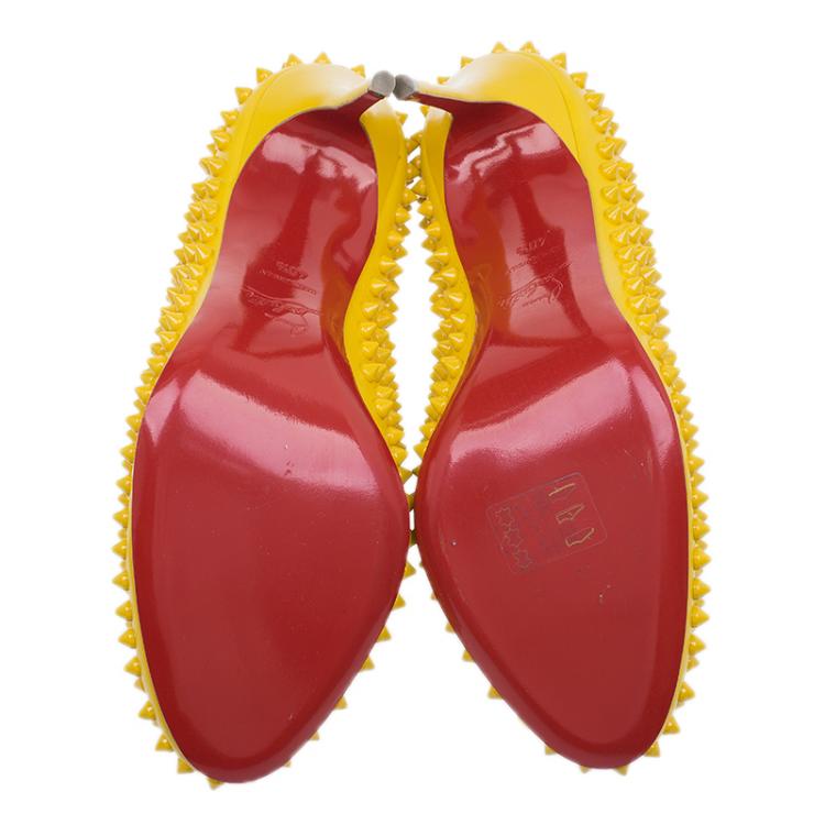 Pre Owned Christian Louboutin Yellow Patent Fifi Spike Pumps Size 40.5