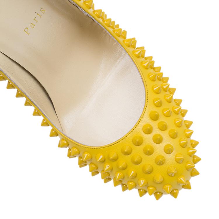 Pre Owned Christian Louboutin Yellow Patent Fifi Spike Pumps Size 40.5