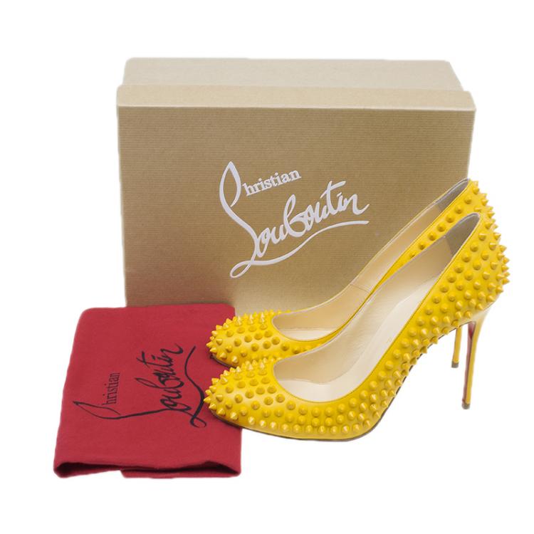 Pre Owned Christian Louboutin Yellow Patent Fifi Spike Pumps Size 40.5