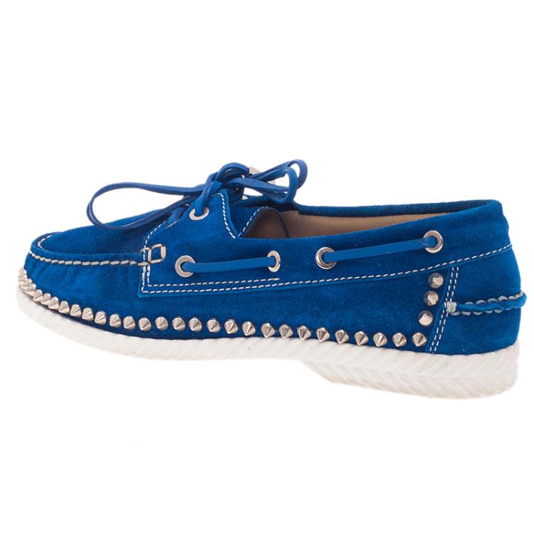 Pre Owned Christian Louboutin Blue Suede Steckel Spike Boat Loafers Size 37.5