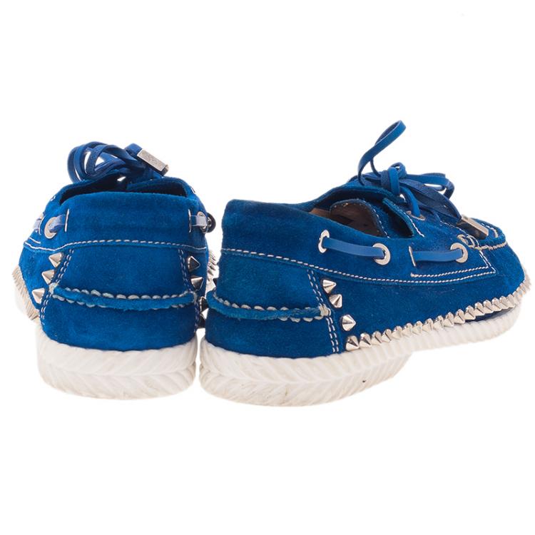 Pre Owned Christian Louboutin Blue Suede Steckel Spike Boat Loafers Size 37.5