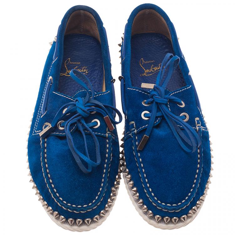 Pre Owned Christian Louboutin Blue Suede Steckel Spike Boat Loafers Size 37.5