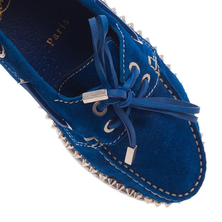 Pre Owned Christian Louboutin Blue Suede Steckel Spike Boat Loafers Size 37.5
