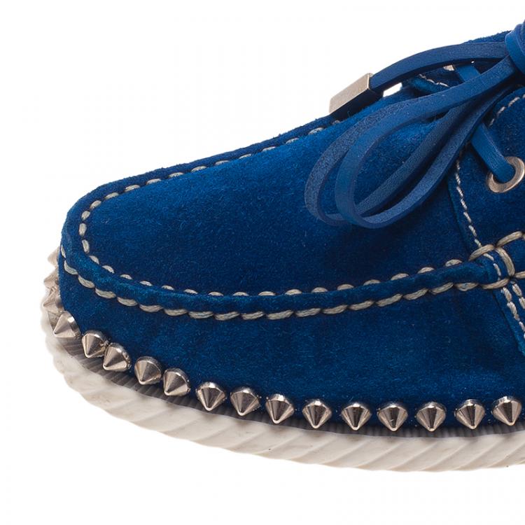 Pre Owned Christian Louboutin Blue Suede Steckel Spike Boat Loafers Size 37.5