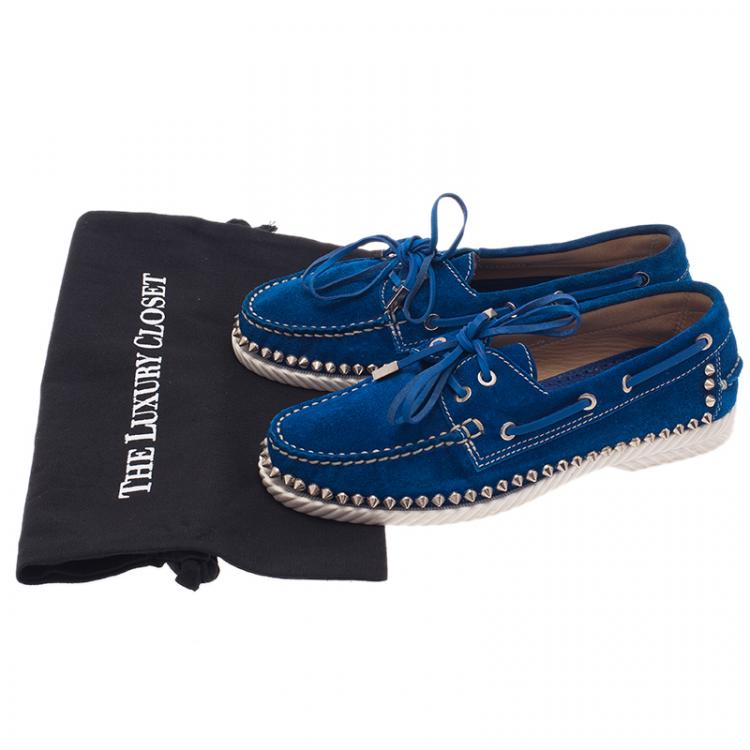 Pre Owned Christian Louboutin Blue Suede Steckel Spike Boat Loafers Size 37.5