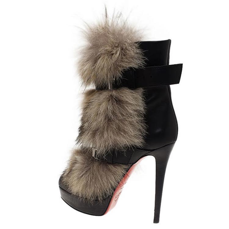 Pre Owned Christian Louboutin Black Leather Toundra Coyote Fur Trimmed Ankle Boots Size 40.5