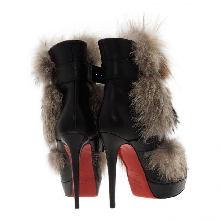 Pre Owned Christian Louboutin Black Leather Toundra Coyote Fur Trimmed Ankle Boots Size 40.5