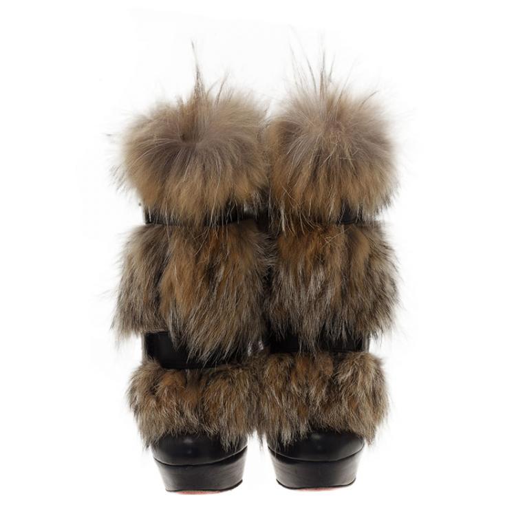 Pre Owned Christian Louboutin Black Leather Toundra Coyote Fur Trimmed Ankle Boots Size 40.5
