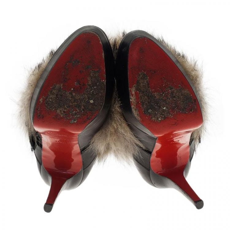 Pre Owned Christian Louboutin Black Leather Toundra Coyote Fur Trimmed Ankle Boots Size 40.5