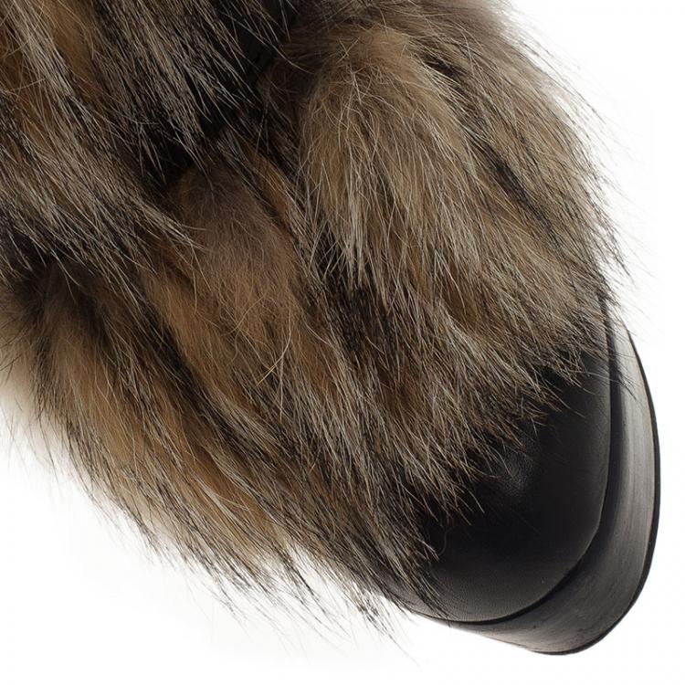 Pre Owned Christian Louboutin Black Leather Toundra Coyote Fur Trimmed Ankle Boots Size 40.5