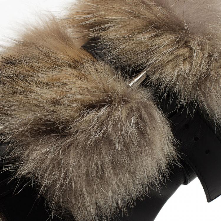 Pre Owned Christian Louboutin Black Leather Toundra Coyote Fur Trimmed Ankle Boots Size 40.5