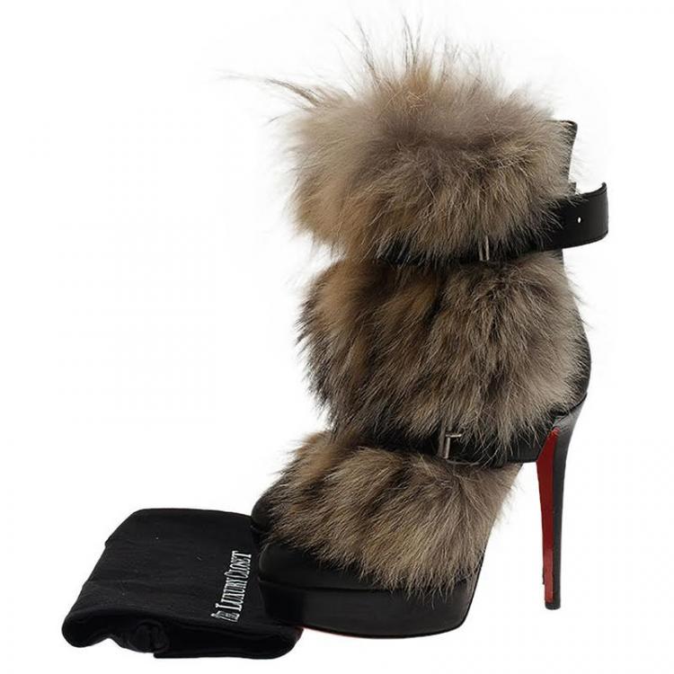 Pre Owned Christian Louboutin Black Leather Toundra Coyote Fur Trimmed Ankle Boots Size 40.5