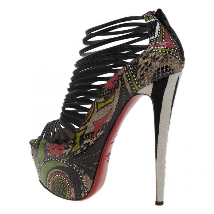 Pre Owned Christian Louboutin Multicolor Python and Pony Hair Zoulou Strappy Platform Sandals Size 40