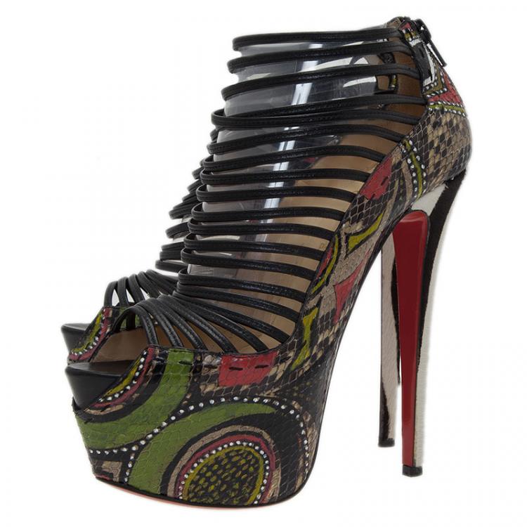 Pre Owned Christian Louboutin Multicolor Python and Pony Hair Zoulou Strappy Platform Sandals Size 40