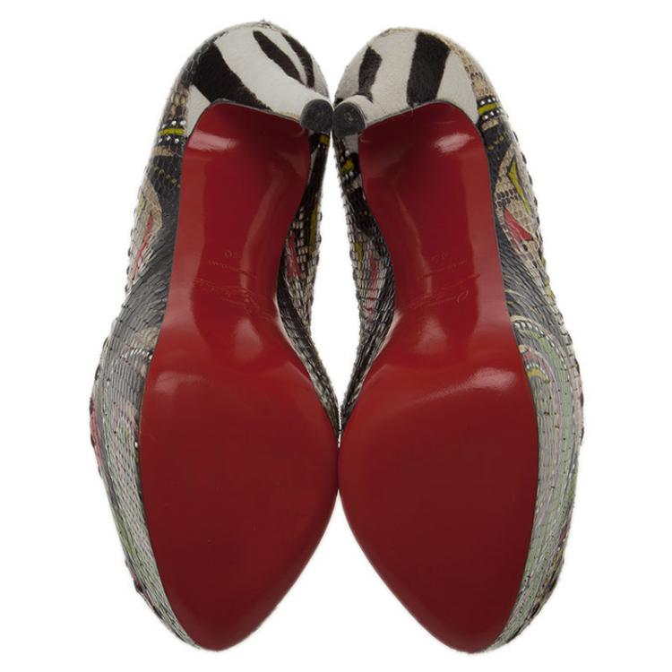 Pre Owned Christian Louboutin Multicolor Python and Pony Hair Zoulou Strappy Platform Sandals Size 40