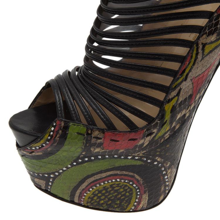 Pre Owned Christian Louboutin Multicolor Python and Pony Hair Zoulou Strappy Platform Sandals Size 40