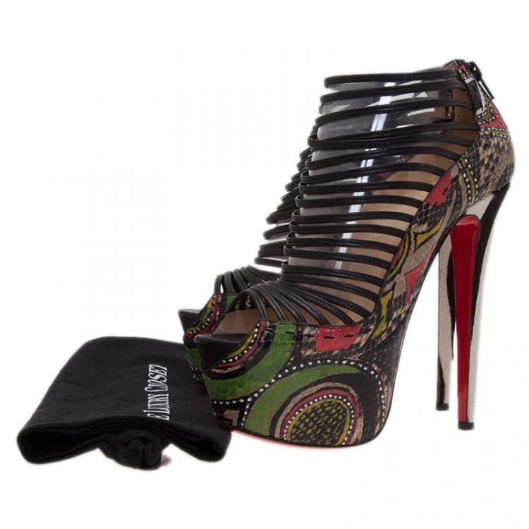 Pre Owned Christian Louboutin Multicolor Python and Pony Hair Zoulou Strappy Platform Sandals Size 40