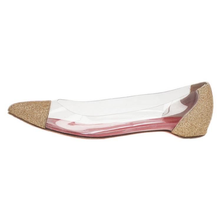 مملوكة مسبقًا Christian Louboutin Gold Glitter and PVC Corbeau Pointed Toe Flats Size 39.5