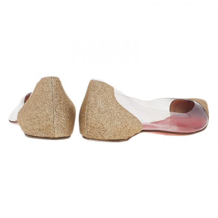 مملوكة مسبقًا Christian Louboutin Gold Glitter and PVC Corbeau Pointed Toe Flats Size 39.5