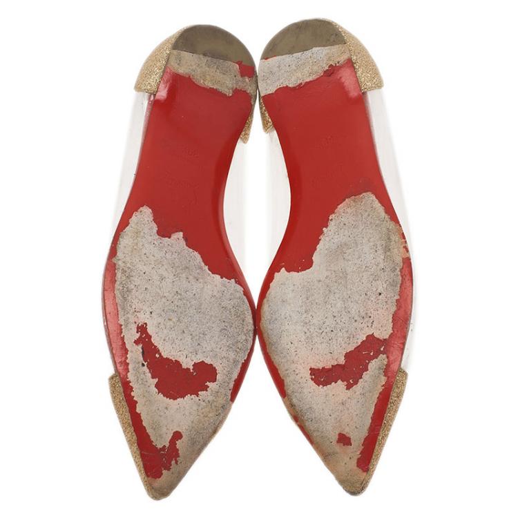 مملوكة مسبقًا Christian Louboutin Gold Glitter and PVC Corbeau Pointed Toe Flats Size 39.5