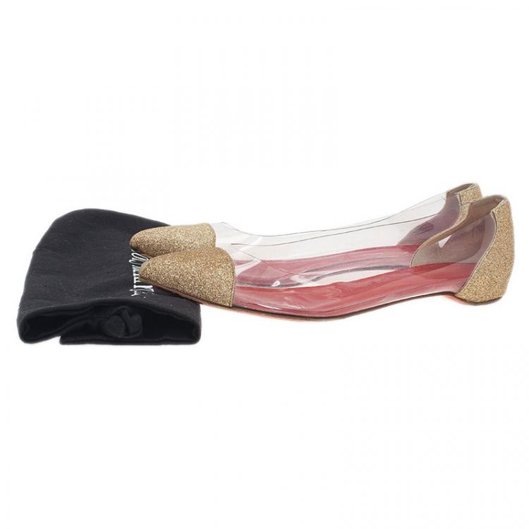 مملوكة مسبقًا Christian Louboutin Gold Glitter and PVC Corbeau Pointed Toe Flats Size 39.5