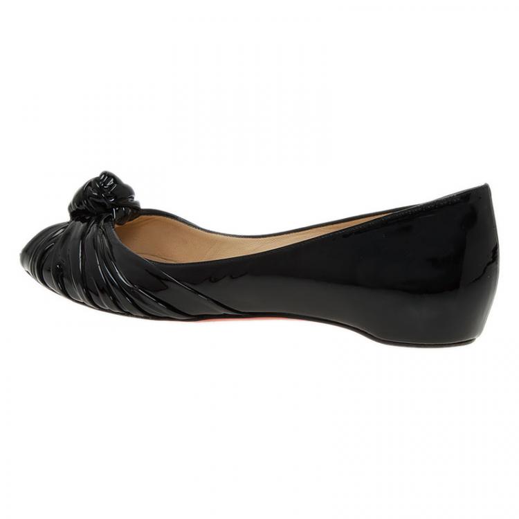 Pre Owned Christian Louboutin Black Patent Leather Turban Peep Toe Ballet Flats Size 39.5