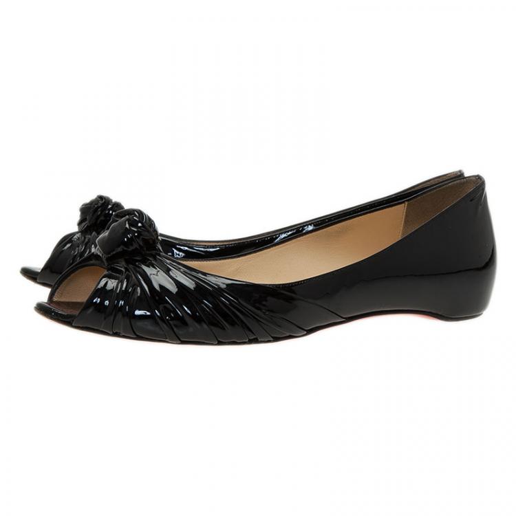 Pre Owned Christian Louboutin Black Patent Leather Turban Peep Toe Ballet Flats Size 39.5