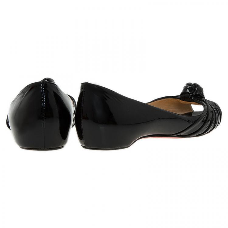 Pre Owned Christian Louboutin Black Patent Leather Turban Peep Toe Ballet Flats Size 39.5