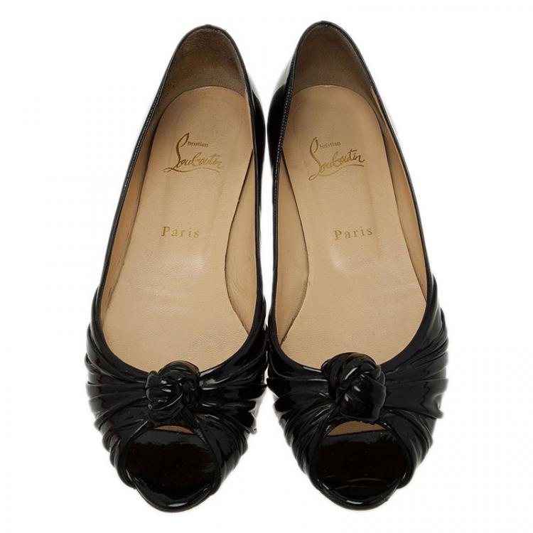 Pre Owned Christian Louboutin Black Patent Leather Turban Peep Toe Ballet Flats Size 39.5