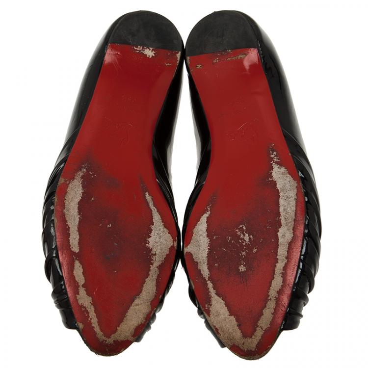 Pre Owned Christian Louboutin Black Patent Leather Turban Peep Toe Ballet Flats Size 39.5