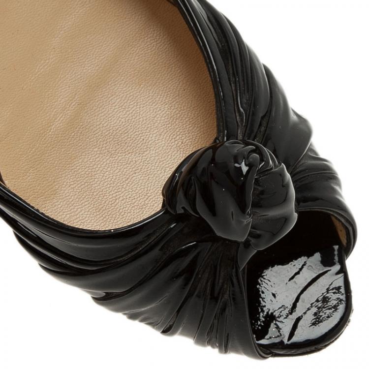Pre Owned Christian Louboutin Black Patent Leather Turban Peep Toe Ballet Flats Size 39.5